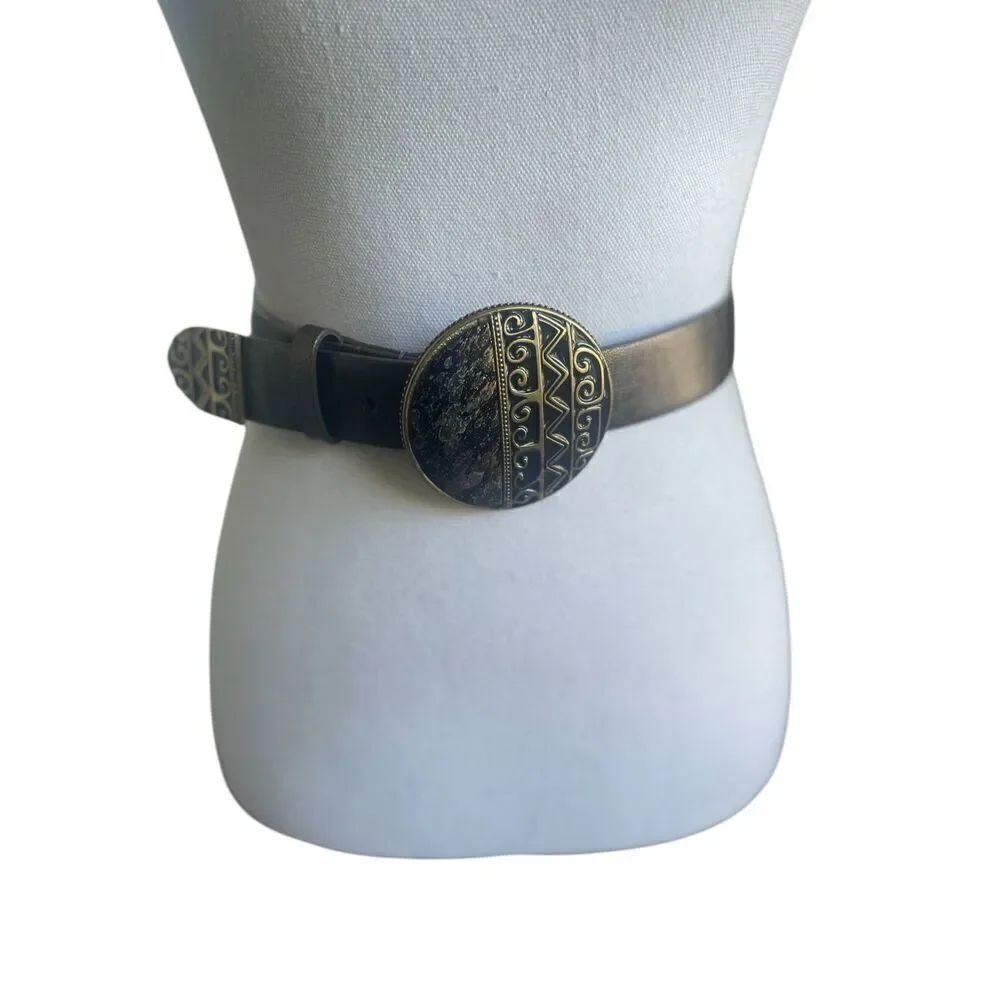 Chicos Leather Black Gold Metallic Large Buckle Belt Size S Retro